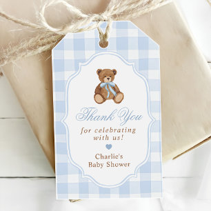 Blaue Gingham Elegante Teddybär Baby Shower Geschenkanhänger