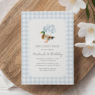 Blaue Gingham-Ente 1. Geburtstag Einladung