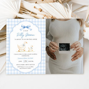 Blaue Gingham-Enten-Baby-Party-Foto der albernen G Einladung