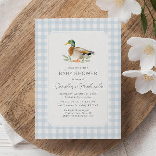 Blaue Gingham-Enten-Babyparty Einladung
