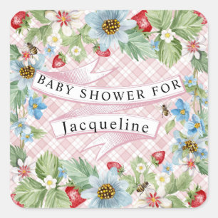 Blaue Gingham-Erdbeer-Baby-to-Bee-Baby-Party Quadratischer Aufkleber