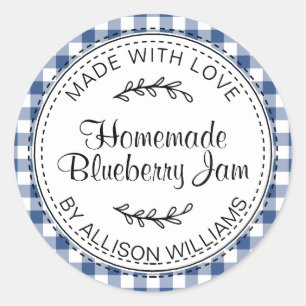 Blaue Gingham-Etikette für hausgemachte Blaubeerma Runder Aufkleber