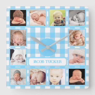 Blaue Gingham-Farmhaus-Jungen-Kinderzimmer mit 12 Quadratische Wanduhr