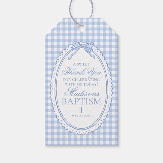 Blaue Gingham Flirt Bow Taufgeschenke Geschenkanhänger (Vorderseite)
