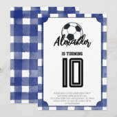 Blaue Gingham-Fußball-Geburtstagsfeier Einladung (Vorne/Hinten)