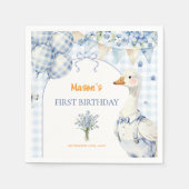Blaue Gingham-Gans-Balloons Junge Erster Geburtsta Serviette (Vorderseite)