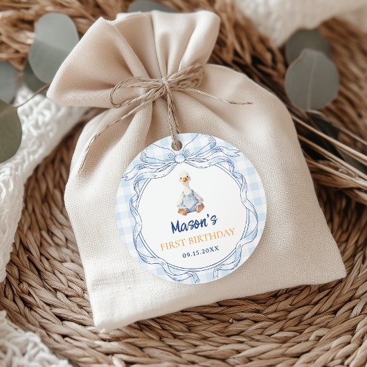 Blaue Gingham-Gans-Junge Erster Geburtstag Geschenkanhänger