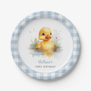 Blaue Gingham-Geburtstags-Papierplatte mit Ente Pappteller
