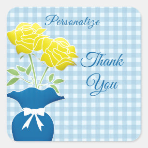 Blaue Gingham Gelbe Rosen Vase Danke Quadratischer Aufkleber