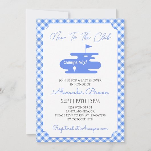 Blaue Gingham-Golf-Baby-Party Einladung (Vorderseite)