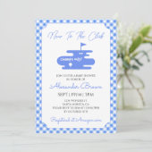 Blaue Gingham-Golf-Baby-Party Einladung (Stehend Vorderseite)