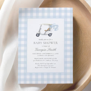 Blaue Gingham-Golf-Baby-Party Einladung