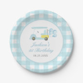 Blaue Gingham-Golf-Junge 1. Geburtstag Pappteller (Vorderseite)
