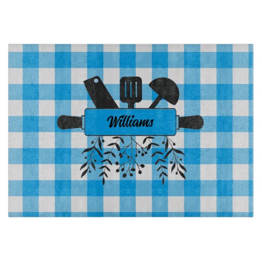 Blaue Gingham Gourmet Glas Schneidbrett Schneidebrett (Vorderseite)