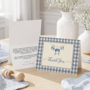 Blaue Gingham-Grill-Wäscheleine-Baby-Party Dankeskarte
