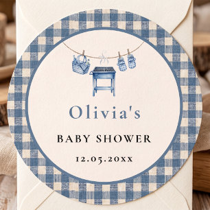 Blaue Gingham-Grill-Wäscheleine-Baby-Party Runder Aufkleber