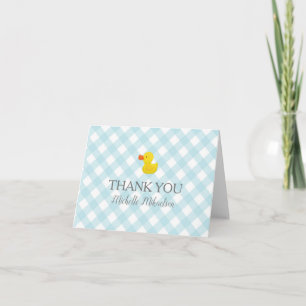 Blaue Gingham-Gummiente Babyparty Dankeskarte
