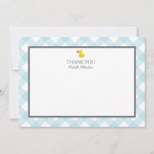 Blaue Gingham-Gummiente Babyparty Dankeskarte
