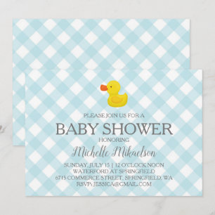 Blaue Gingham-Gummiente Babyparty Einladung