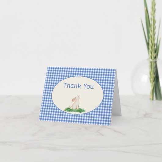 Blaue Gingham-Hasen-Dankeskarte Dankeskarte (Vorderseite)