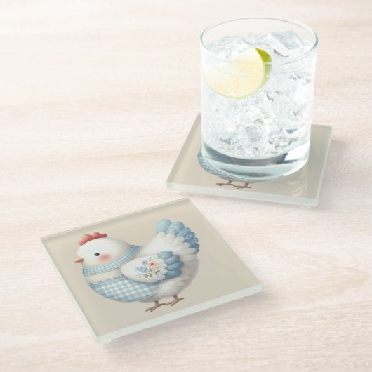 Blaue Gingham-Henne im Cottage-Stil Glasuntersetzer (Schrägansicht)