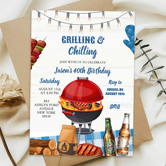 Blaue Gingham-Hinterhof-Grillgeburtstag Einladung