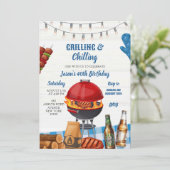 Blaue Gingham-Hinterhof-Grillgeburtstag Einladung (Stehend Vorderseite)