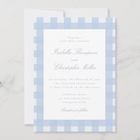 Blaue Gingham-Hochzeitseinladung Einladung (Vorderseite)