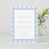 Blaue Gingham-Hochzeitseinladung Einladung (Stehend Vorderseite)