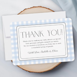 Blaue Gingham-Jungen-Baby-Shower-Dankeskarten Einladung