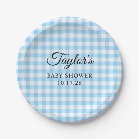 Blaue Gingham-Karo-Babyparty Pappteller (Vorderseite)