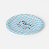 Blaue Gingham-Karo-Babyparty Pappteller (Schrägansicht)