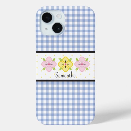 Blaue Gingham-Karo-Blumen-Monogramm Case-Mate iPhone Hülle (Rückseite)