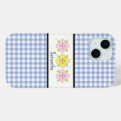 Blaue Gingham-Karo-Blumen-Monogramm Case-Mate iPhone Hülle (Rückseite (Horizontal))