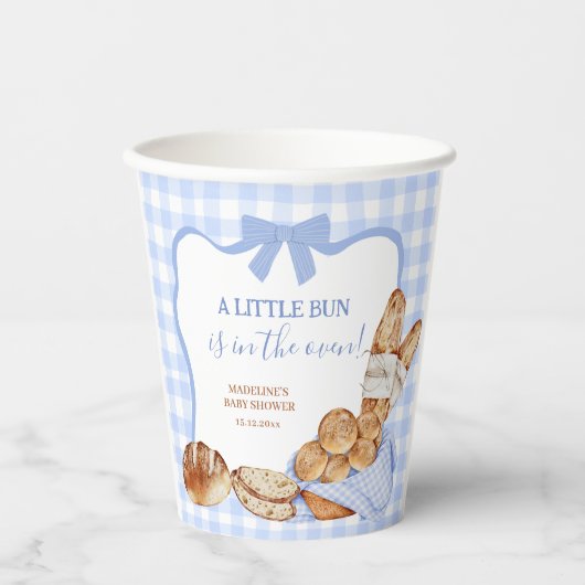 Blaue Gingham Karo Brötchen im Ofen Papiertassen Pappbecher (Vorderseite)