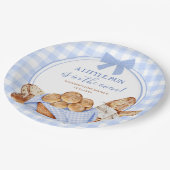 Blaue Gingham-Karo-Brötchen im Ofen-Papierteller Pappteller (Schrägansicht)