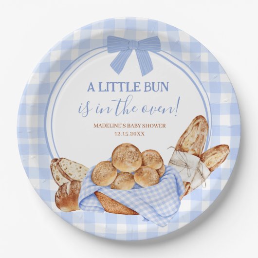 Blaue Gingham-Karo-Brötchen im Ofen-Papierteller Pappteller (Vorderseite)