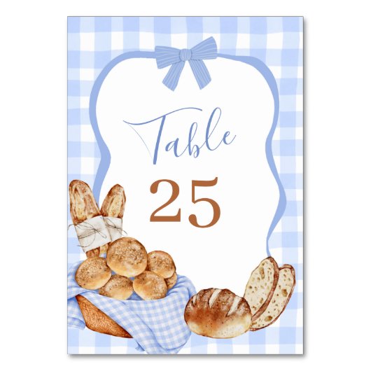 Blaue Gingham Karo Brötchen im Ofen Tischnummer (Vorderseite)
