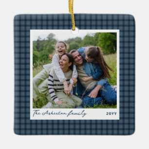 Blaue Gingham-Karo einfache Ferien-Plaid-Foto Keramikornament
