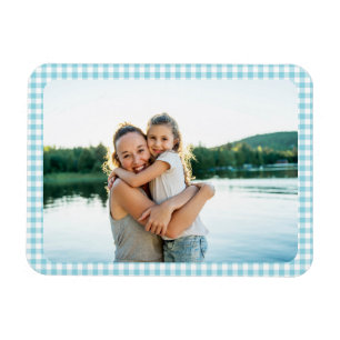 Blaue Gingham-Karo-Familienfoto im Robin-Ei-Ton Magnet