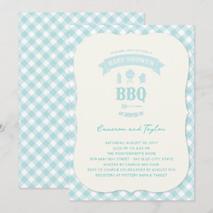 Blaue Gingham-Karo-Garten- BBQ- Jungen-Baby-Party Einladung