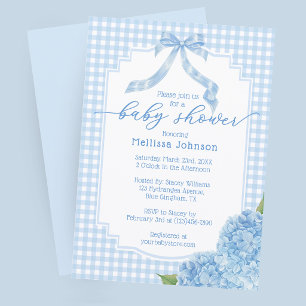 Blaue Gingham-Karo-Hortensien-Baby-Party Einladung