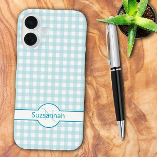 Blaue Gingham-Karo Monogramm individuell angepasst iPhone 16 Hülle