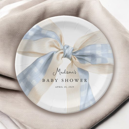 Blaue Gingham-Karo-Schleife Baby Shower Pappteller