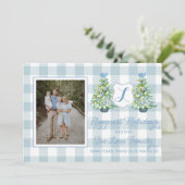 Blaue Gingham-Karo-Weihnachtskarte Einladung (Stehend Vorderseite)