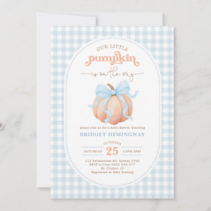 Blaue Gingham-Kleine-Kürbis-Junge-Baby-Party Einladung