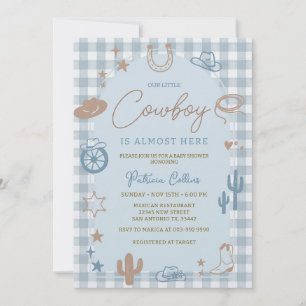 Blaue Gingham-Kleiner-Cowboy-Western-Baby-Party Einladung