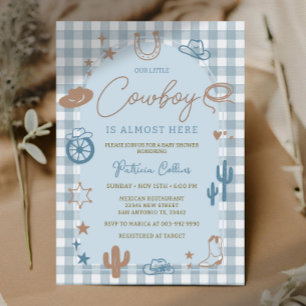 Blaue Gingham Kleiner Cowboy Wild West Babyparty Einladung
