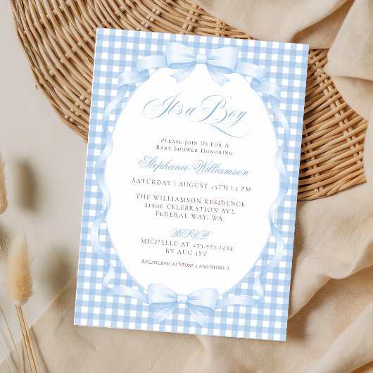 Blaue Gingham-Kokette-Bogen-Baby-Party Einladung