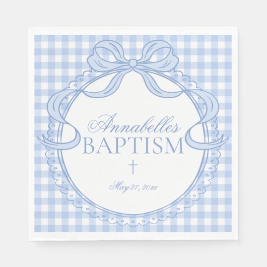 Blaue Gingham Kokette Bogen Tauf Tischdekoration Serviette (Vorderseite)